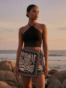 CAJUNI Women's Solid Color Halter Top And Floral Print Mini Skirt Casual Daily Outfit Set - Black - View 6