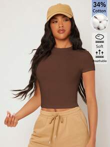 SHEIN BASICS 女款純色休閒圓領短袖短版T恤上衣 白色上衣 - 咖啡棕 - 查看 5