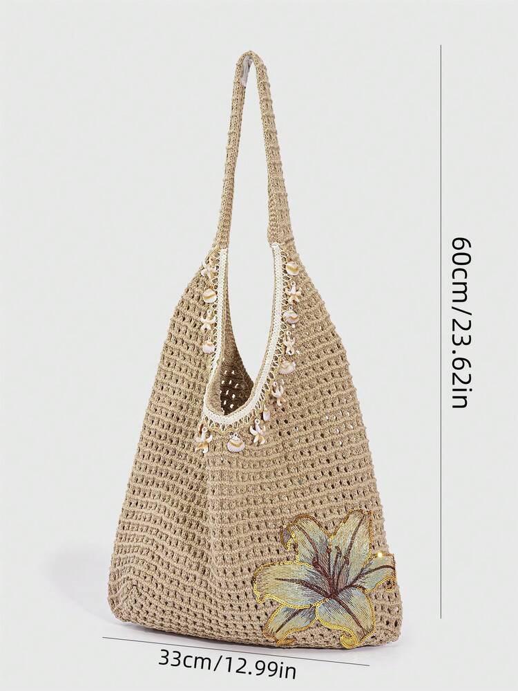 ROMWE Kawaii 1 Buah Tas Bahu Wanita Gaya Liburan Pantai Tropis Warna Khaki Anyaman Berongga, Tas Tote Rajut Bordir Bunga Lili Kapasitas Besar - Khaki 1 - View 2