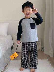 Dazy Kids 兒童秋季小男孩圓領純色針織短袖T恤 + 梭織格紋長褲居家休閒兩件套 春/夏 - 黑色 - 查看 3