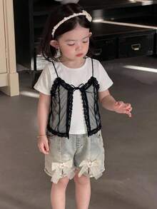 Dazy Kids 女童秋季服飾 2合1蕾絲拼接圓領短袖T恤 - 黑與白 - 查看 6