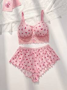 PetitDoll 2pcs Women Lace Patchwork Bra Set - Pink - View 1