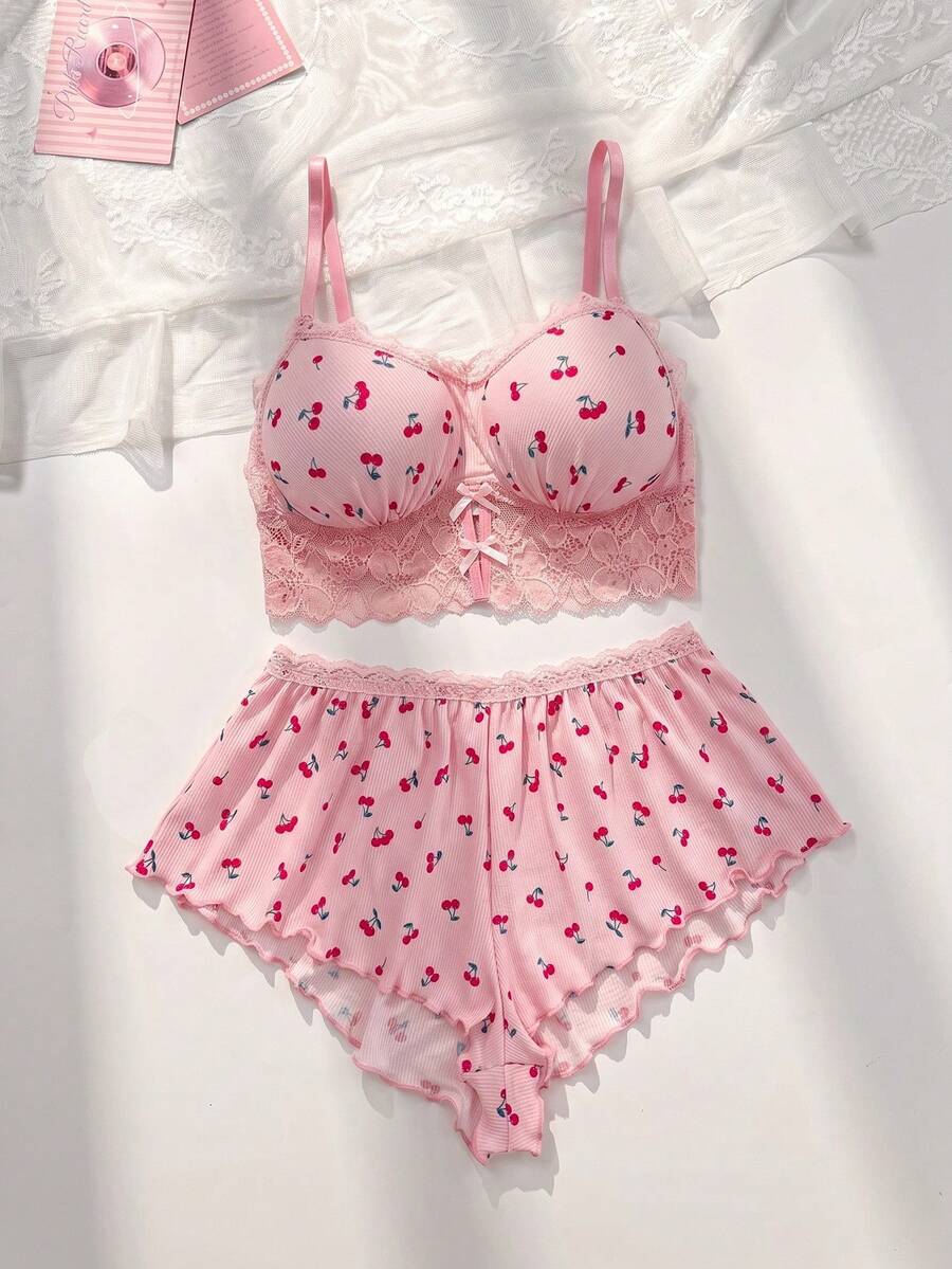 PetitDoll 2pcs Women Lace Patchwork Bra Set - Pink - View 1