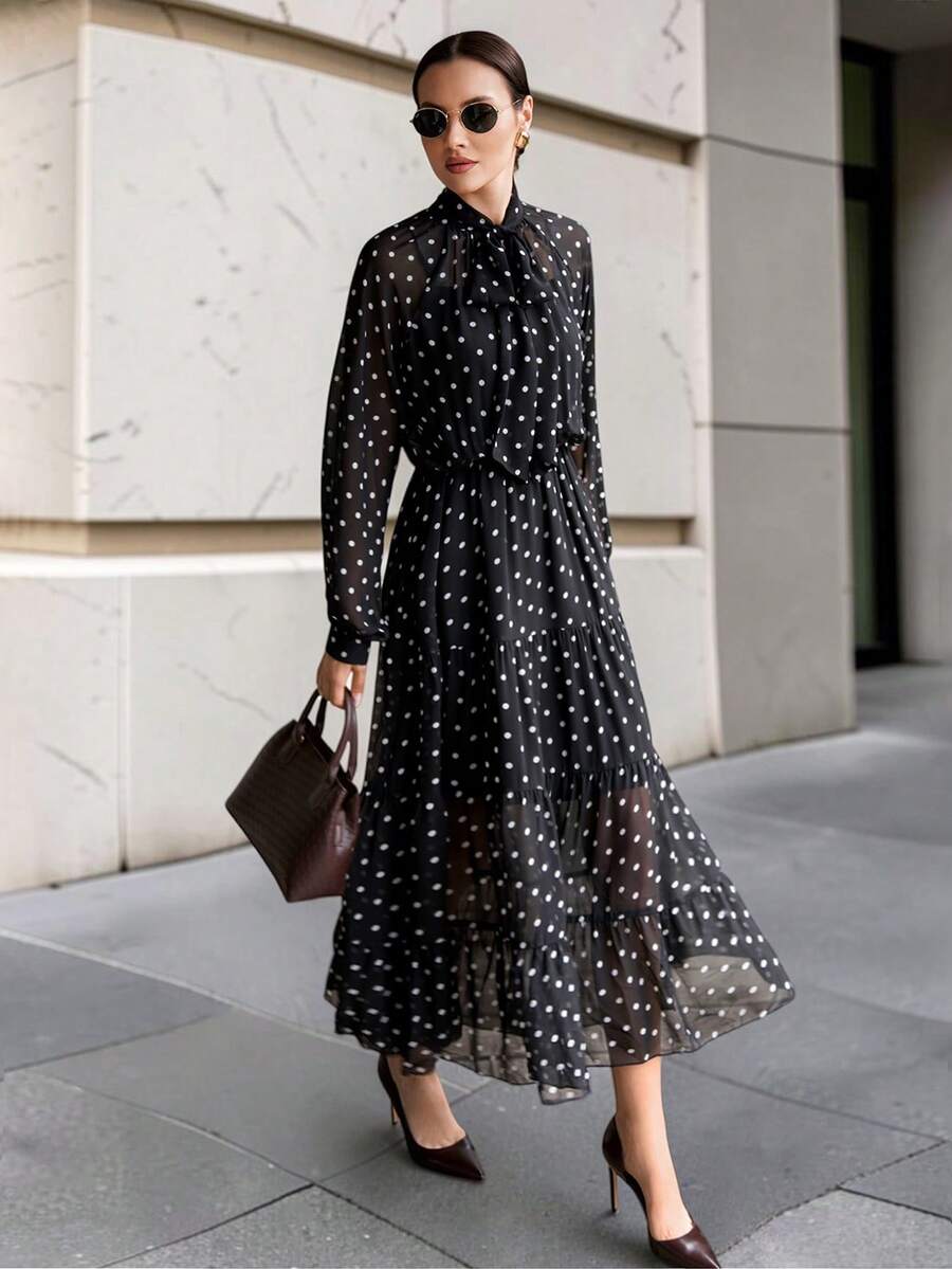 Ontre Women's Black & White Polka Dot Contrast Pattern Chiffon Dress ...