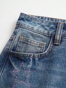 THE POWERPUFF GIRLS X SHEIN Women's Cartoon Pattern Pocket Casual Denim Shorts - Blue - View 6