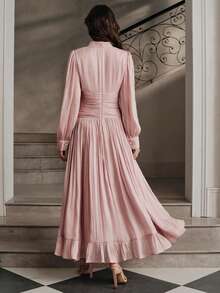 Anewsta Women's Autumn/Winter French Elegant Vintage Court Style Stand Collar Button-Up Pleated Cinched Waist Full Skirt Dress - Pink - View 7