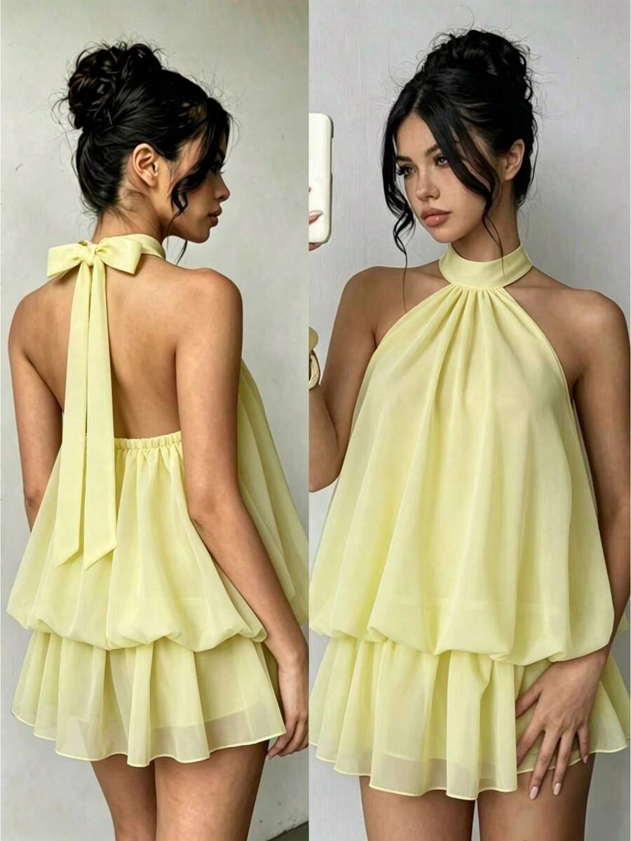 SHEIN 青少年女孩純色掛脖綁帶抓皺休閒度假旅行洋裝 - 黃色 - 查看 1