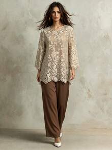 Franclia Women's Fashionable Lightweight Top And Wide Leg Pants 2 Pieces Set - Apricot - View 1