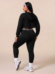 SHEIN Velisys Women's Plus Size Drawstring Hooded Cropped Sweatshirt And Letter Waistband Leggings Sports Set Fall - Black - View 2