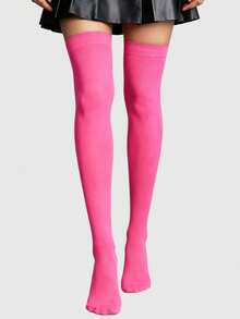 ROMWE Goth 1 Pasang Stoking Selutut Motif Mawar Punk Gelap Halloween - Hot Pink - View 1