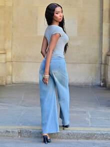 Mima John Jeans anchos de tiro bajo con ajuste holgado y efecto desgastado - azul real - Ver 3