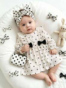 SHEIN Vintaside Kids Cute Baby Girl Red And White Polka Dot Dress, With Bow Decoration, Ruffle Long Sleeve Front Button Casual Soft Comfortable Fabric, Spring Autumn Wear - Black and White - View 2