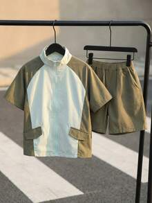 SHEIN Little Byeori 男童舒适日常宽松韩版时尚条纹衬衫配撞色短裤套装（2件套），适合春夏季节日常穿着、运动、郊游、上学、聚会、节日、拍照、返校季等场合。 - 軍綠色 - 查看 1