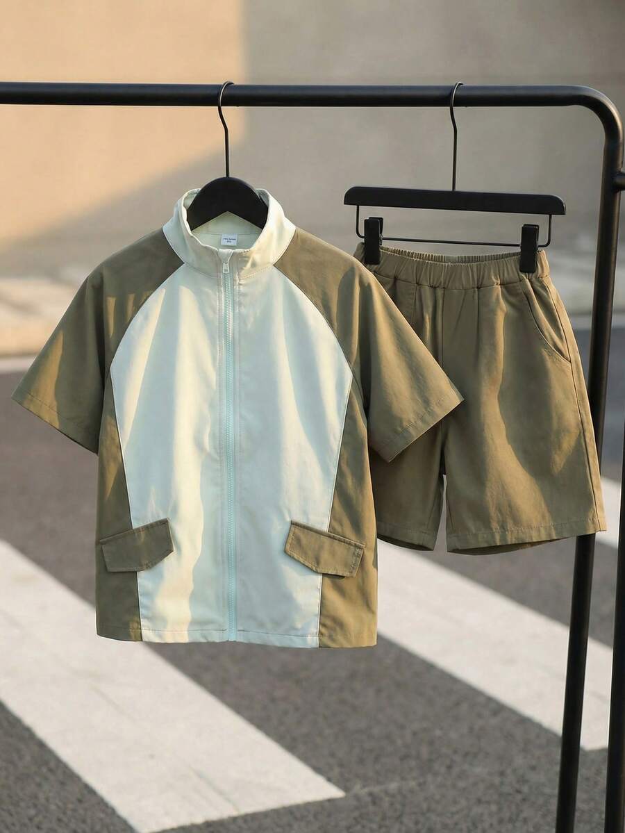 SHEIN Little Byeori 男童舒适日常宽松韩版时尚条纹衬衫配撞色短裤套装(2件套),适合春夏季节日常穿着、运动、郊游、上学、聚会、节日、拍照、返校季等场合。 - 軍綠色 - 查看 1