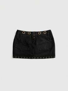 ACID BLVD Summer Y2K Grunge Metal Eyelet Design Straight Mini Denim Skirt - Black - View 3