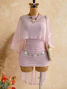 Soleia New Sexy Party Vacation Vacation Pink Sequin Sheer Asymmetrical Shoulder Loose Fit Hem Top Fitted Ruched Mini Dress Women 2pcs Set Bohemian Summer - Pink - View 6