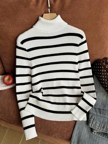 Comfortcana Plus Size Autumn/Winter Versatile All-Match Black & White Striped Thin Turtleneck Striped Base Layer Sweater - Black and White - View 3