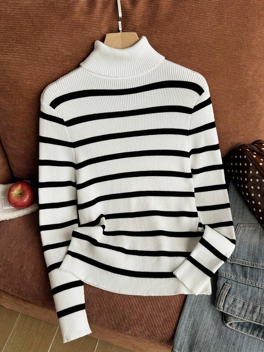 Comfortcana Plus Size Autumn/Winter Versatile All-Match Black & White Striped Thin Turtleneck Striped Base Layer Sweater - Black and White - View 1