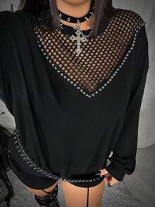 Whyspr Fashionable V-Neck Mesh Patchwork Loose Fit Versatile Long Sleeve Pullover Sweatshirt For Women Halloween - Black - View 1