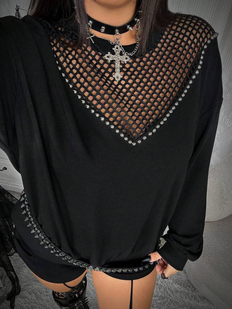 Whyspr Sweatshirt Pullover Lengan Panjang Longgar Berpotongan Longgar dengan Desain V-Neck dan Patchwork Jala yang Modis untuk Wanita, Cocok untuk Halloween. - Hitam - View 1