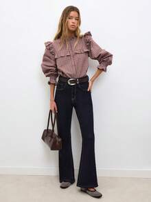 Nöista Burgundy Plaid Blouse With Ruffled Collar, Button Front & Ruffled Yoke. Elastic-Cuff Sleeves. Office, Cowgirl Style. Fall Autumn, Winter Blouse.. - Red - View 2