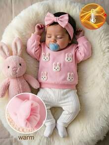 SHEIN Playful Pals 嬰兒幼兒秋冬套裝，女嬰可愛3D白兔粉色衛衣搭配親膚柔軟白色長褲套裝 - 粉色 - 查看 4