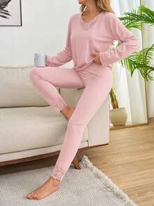 Loomlin 2pcs Cotton V Neck Lace Detail Homewear Set - Baby Pink - View 4