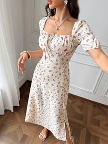 Modelyn 女款方領碎花開衩度假夏季短袖長版晚禮服洋裝 - 杏色 - 查看 1