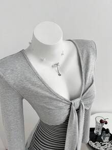 Elamini Autumn/Winter Women's 2 In 1 V-Neck Contrast Color Striped Fitted Lace-Up T-Shirt - Grey - View 5