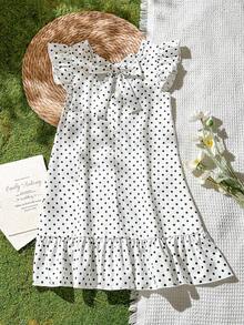 SHEIN Vintaside Kids 女童大童春夏度假海灘熱帶風 3D蝴蝶結圓領無袖荷葉飄逸袖甜美春季風中長洋裝 - 黑與白 - 查看 3
