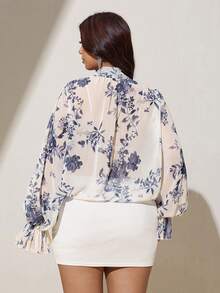 Viva Relle Plus Size Elegant Commuter Brunch Office Floral Print Tie Neck Blouse Autumn White - Blue and White - View 2