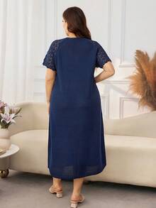 Lacomfia Plus Size Women's V-Neck Casual Elegant Daily Summer Knit Dress Cocktail Party Navy Blue - Navy Blue - View 2
