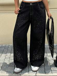 Dazy Plus Shiny Loose Wide Leg Long Pants Black Versatile Blogger Casual Street Style Plus Size Women All Season Denim Jeans Fall - Black - View 6