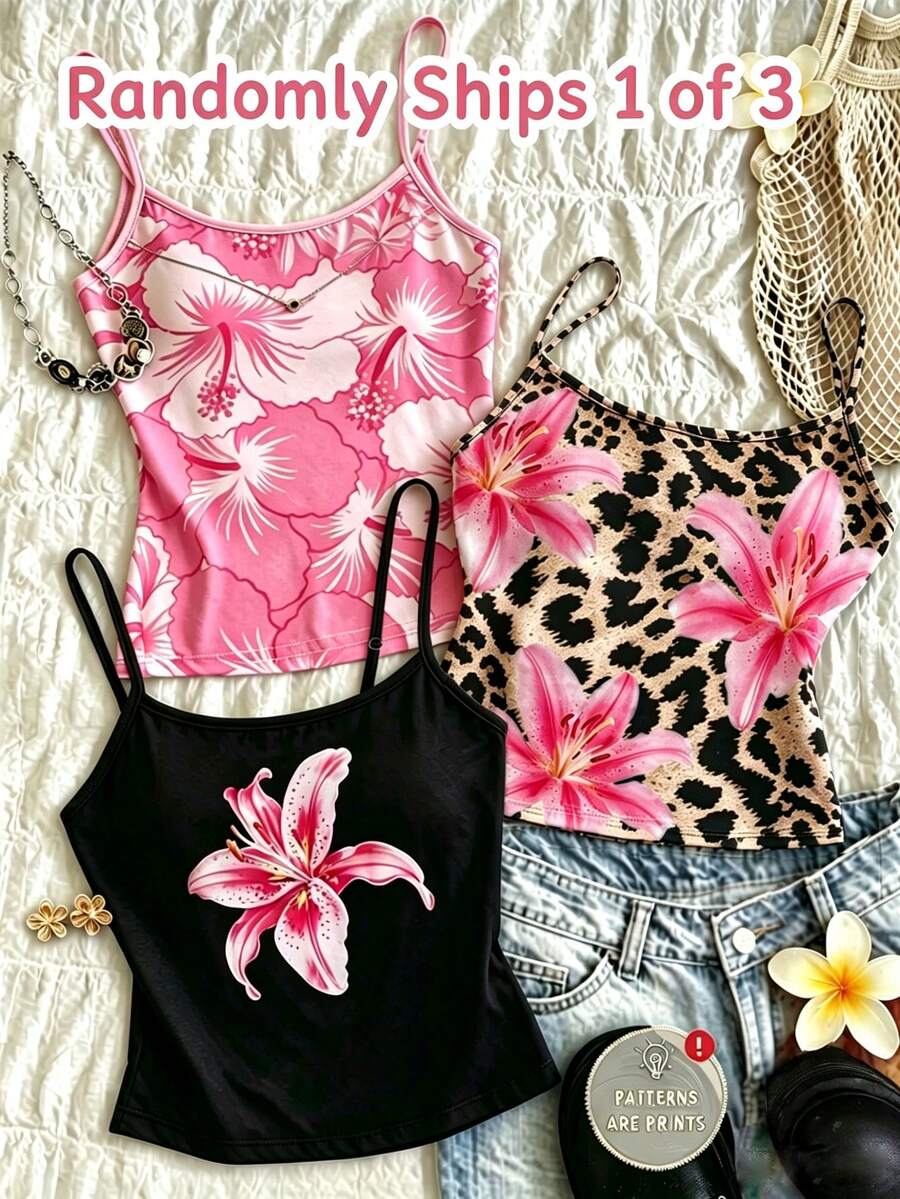 SHEIN Girls' Cami Tank Top Blind Box, 1 Randomly Selected From 3 Pieces, Black, Pink, Leopard Print, Floral Pattern All-Over Print, Suitable For Outings, Home, Travel, Vacation, All-Season Wear - Multicolor - View 1
