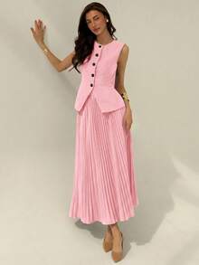 Aloruh Conjunto de 2 piezas para mujer con top sin mangas con botones delanteros y minifalda de unicolor para otoño/invierno - Rosa Pálido - Ver 7