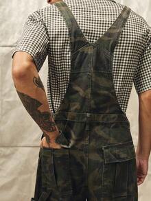 Norleigh Men's Casual Cargo Camo Bib Overalls With Multiple Pockets, Street Style Camo Overalls Men, Army Green, Button, Drawstring, Denim, Loose Fit - Army Green - View 12