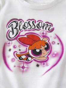 THE POWERPUFF GIRLS X SHEIN 女嬰趣味卡通印花圓領短袖T恤與條紋拼接配色長褲2件套 - 彩色 - 查看 4