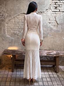 SHEIN BAE Autumn White Lace 2-Piece Set New Chinese Style Frog Button Stand Collar Long Sleeve Top Long Skirt Vintage Romantic Elegant Outfit Vacation Wedding - White - View 2