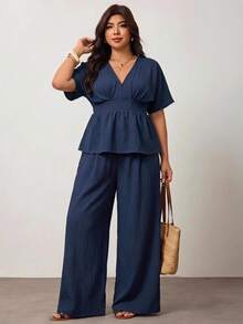 Enliva Setelan 2 Potong Warna Biru Tua Ukuran Plus, Atasan Longgar Lengan Jubah Berkerut Leher V Dalam dan Celana Panjang Lurus Pinggang Tinggi - Biru - View 7