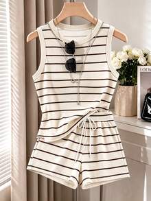 EMERY ROSE Plus Size Women's Striped Contrast Color Round Neck Tank Top And Drawstring Waist Casual Shorts 2-Piece Set - Multicolor - View 3