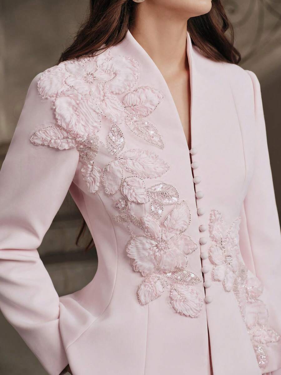 Anewsta 優雅現代淺粉色純色派對晚宴女款西裝外套,3D珠飾刺繡貼花、V領、長袖、泡泡下擺 - 淺粉色 - 查看 1