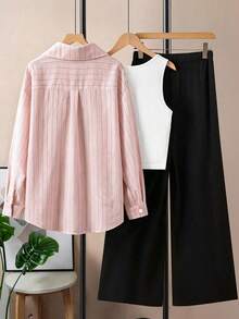 SHEIN Teen Girls Fall Outfits 2pcs/Set Spring/Autumn New Korean Style Niche Minimalist Versatile Everyday Jacket Set Back To School Formal Pink White Black - Pink - View 3