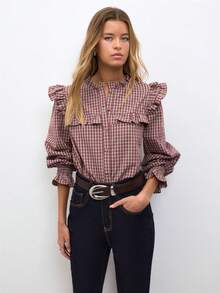 Nöista Burgundy Plaid Blouse With Ruffled Collar, Button Front & Ruffled Yoke. Elastic-Cuff Sleeves. Office, Cowgirl Style. Fall Autumn, Winter Blouse.. - Red - View 1