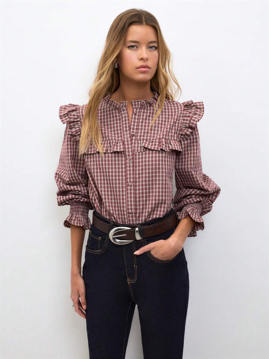 Nöista Burgundy Plaid Blouse With Ruffled Collar, Button Front & Ruffled Yoke. Elastic-Cuff Sleeves. Office, Cowgirl Style. Fall Autumn, Winter Blouse.. - Red - View 1