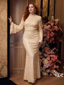 MOTF PREMIUM ELEGANT PLUS WOMEN'S MOCK NECK LONG FLARED SLEEVES MERMAID FORMAL DRESS FOR PROM,RED CARPET WEDDING - Apricot - View 5
