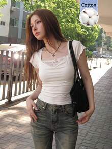 Sweetina 極簡性感休閒蕾絲 2 合 1 荷葉袖女款 T-shirt - 白色 - 查看 1
