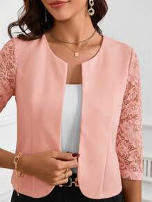 SHEIN Clasi 女款蕾絲拼接休閒百搭日常夾克 - 粉色 - 查看 5