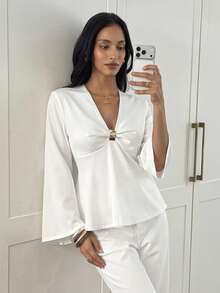 Aloruh Women's White Linen Metal Decor Cinched Waist A-Line Long Sleeve Blouse, Autumn/Winter Teachers' Day Brunch Party French Elegant - White - View 5