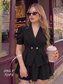 SHEIN MOD Blazer Wanita Ukuran Besar Warna Polos Kasual Serbaguna untuk Pemakaian Sehari-hari - Hitam - View 7