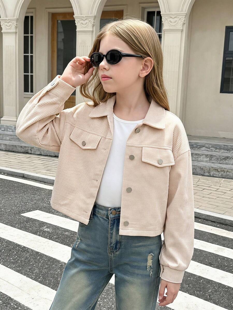 SHEIN 青少年女孩时尚街头服饰纯色编织灯芯绒落肩翻领口袋夹克,适合休闲外出、返校季和 Y2K 季 - 卡其色 - 查看 1